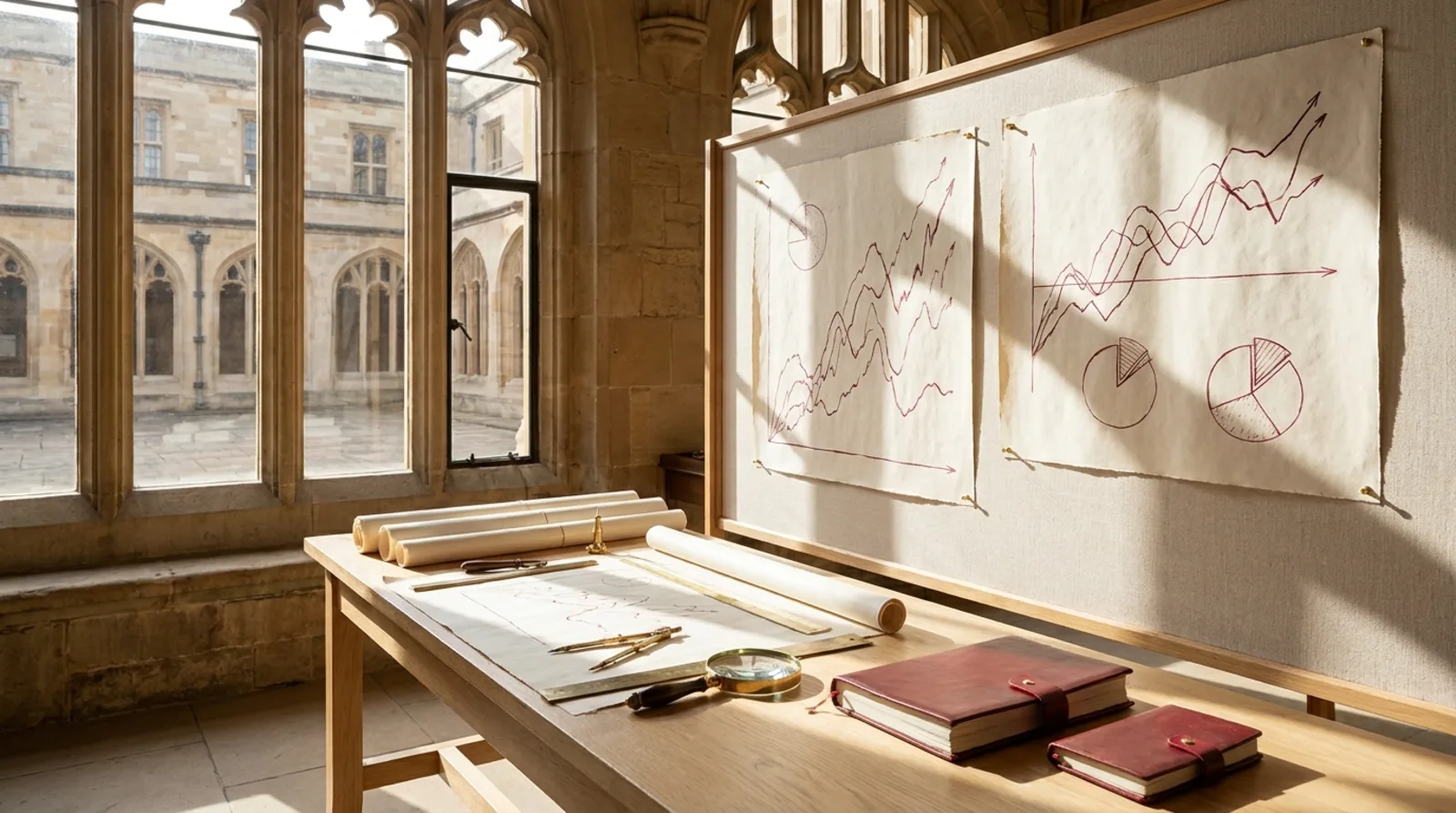 A wooden desk displays charts and graphs, illustrating sector analysis for higher education.