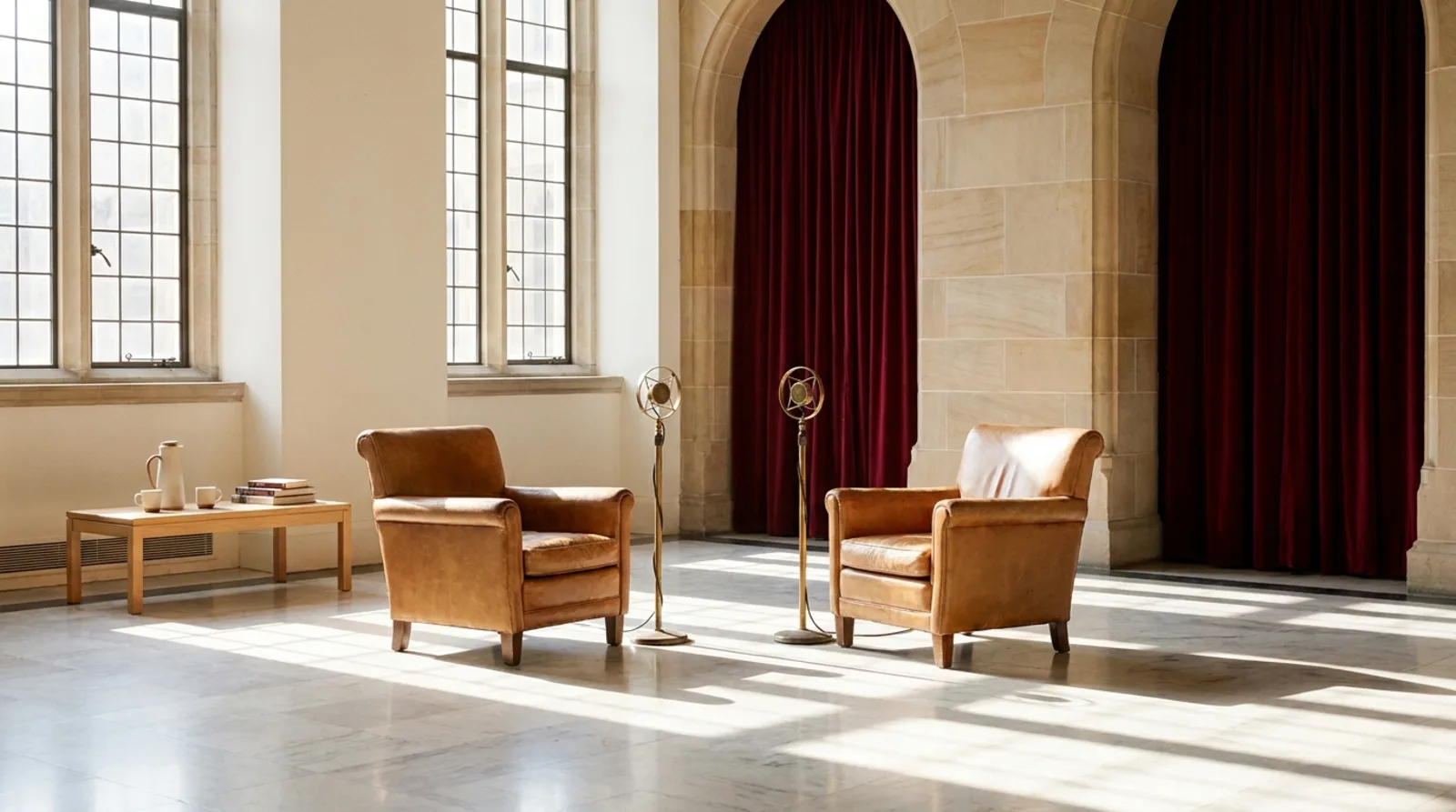 Conversation Alcove | AHEG Media A sunlit room with leather armchairs and a wooden table sets the scene for higher education conversations.