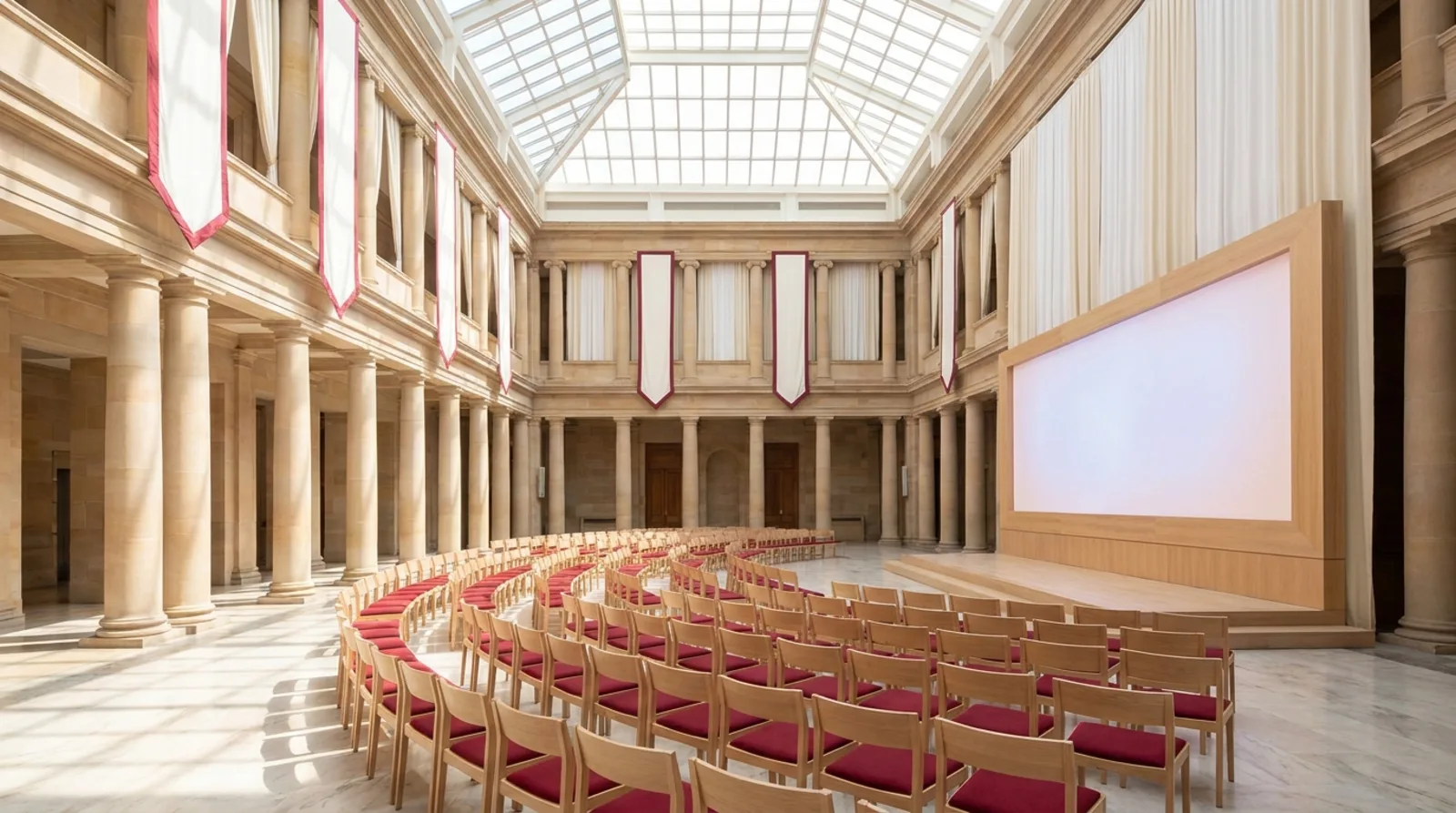 Events Hall | AHEG Media A conference hall is set up with chairs facing a screen for an AHEG Media event.