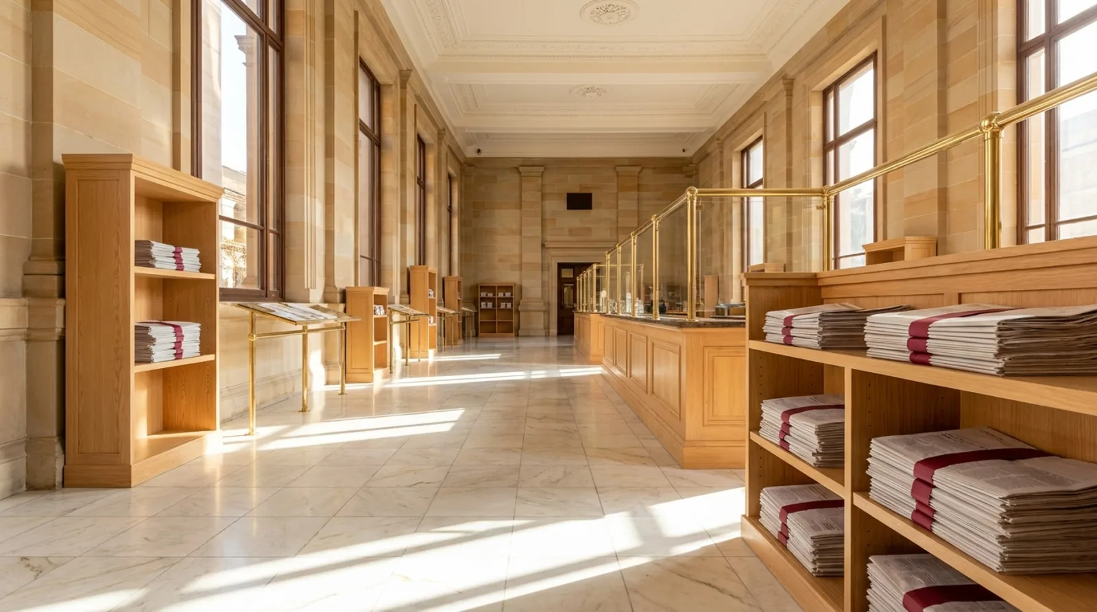 A bright hallway with marble floors and wooden bookshelves showcases a classic library interior.