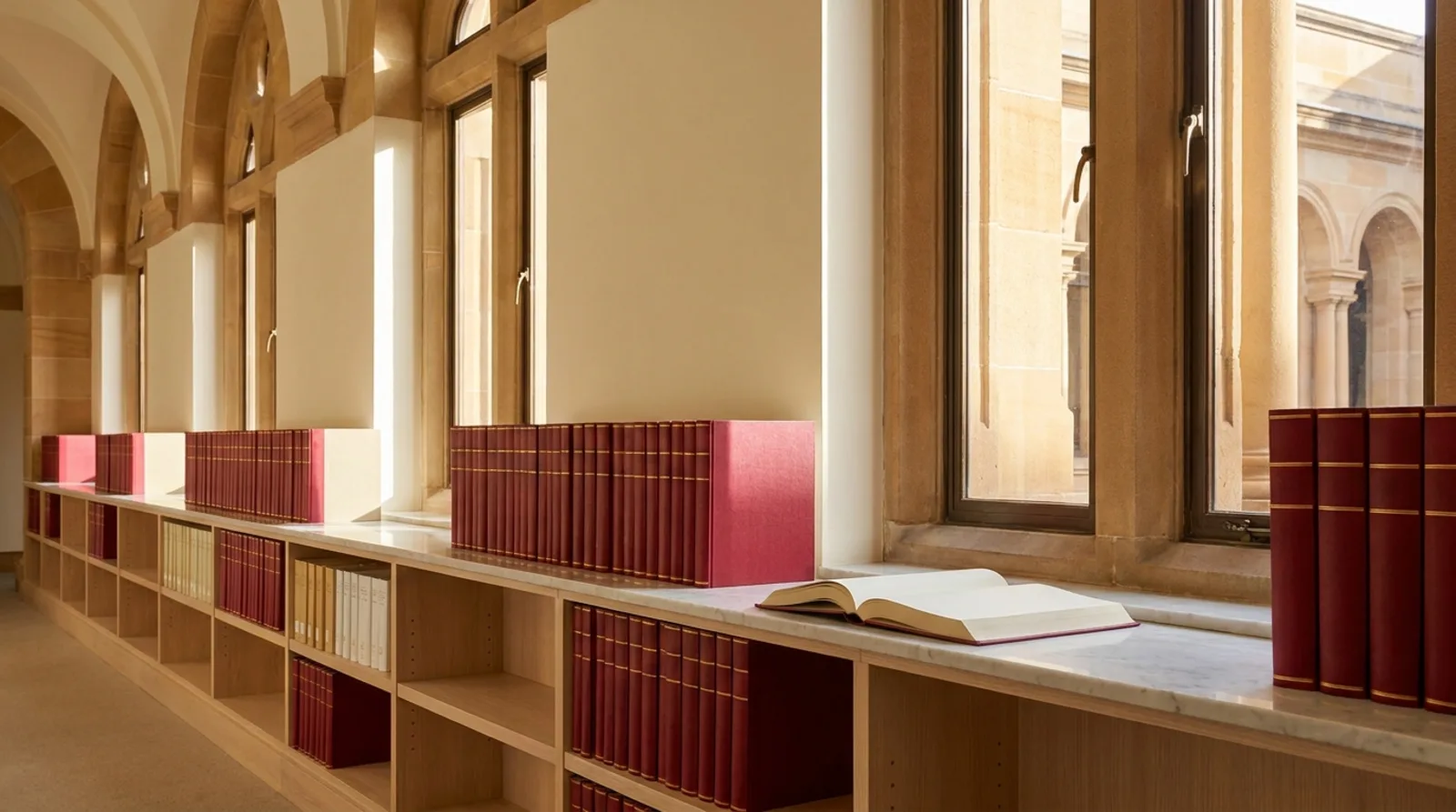 A long library shelf displays rows of red and white books, illustrating higher education research reports.
