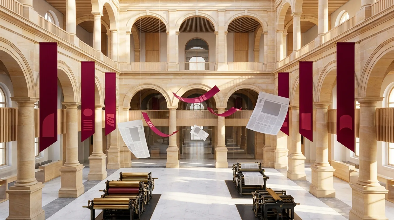 A grand courtyard with marble columns and vintage printing presses showcases higher education reporting at AHEG Media.