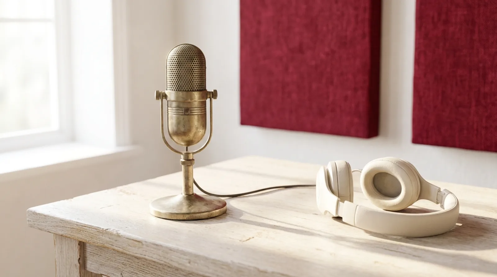 A vintage microphone and headphones are set up for recording podcasts, perfect for higher education discussions.