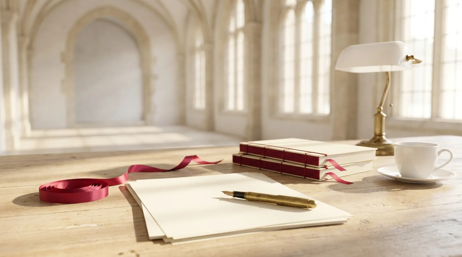 Writing Desk | AHEG Media A writing desk with stationery and a cup sits before arched windows, representing thought leadership.